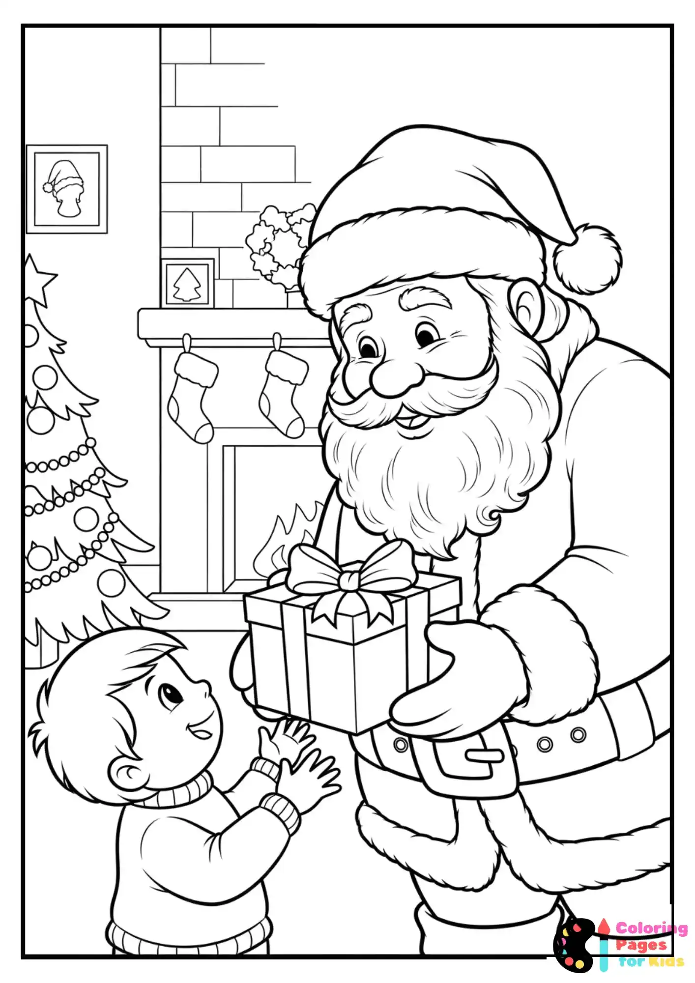 santa giving gift to child coloring page