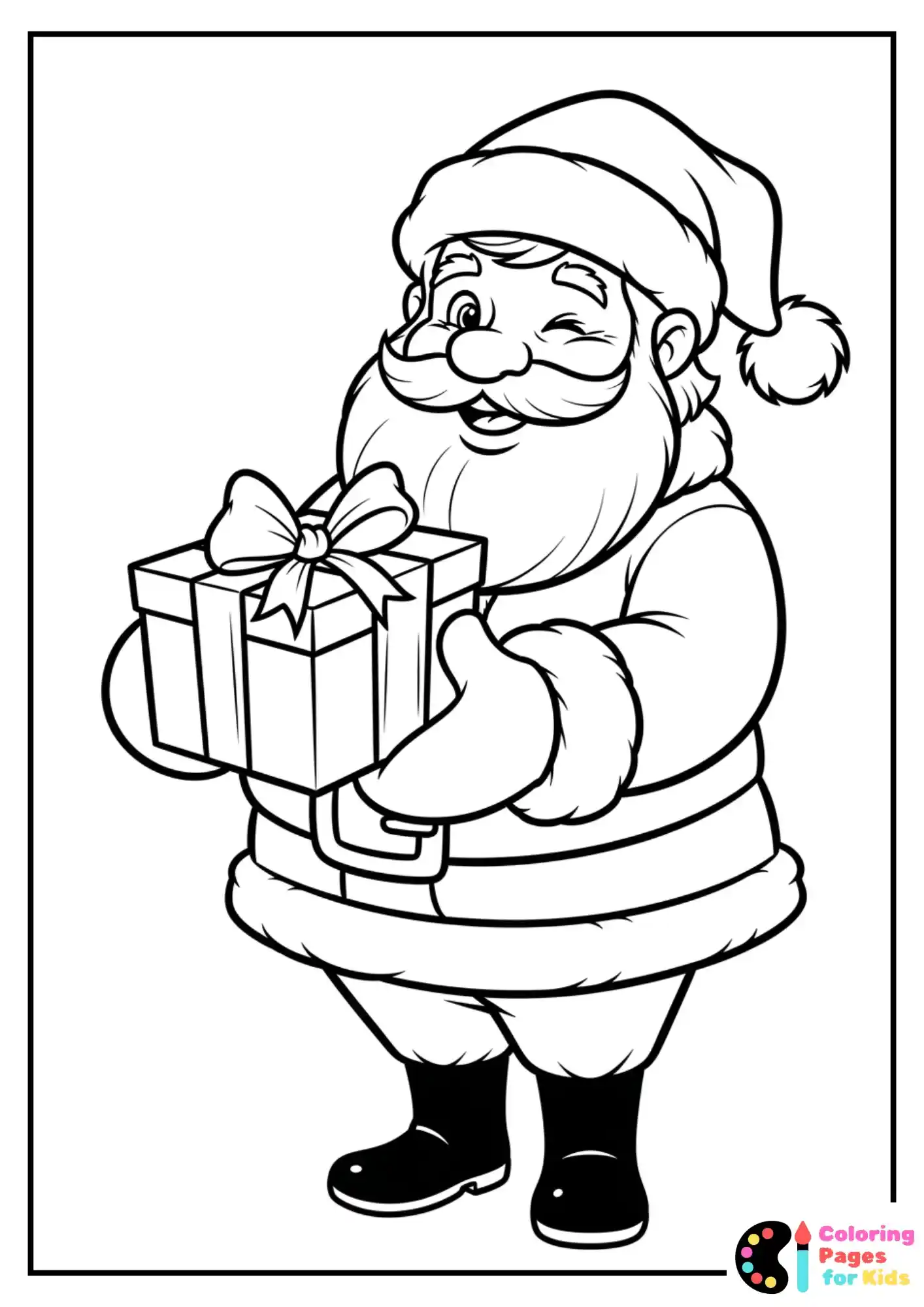 santa holding a gift box coloring sheet