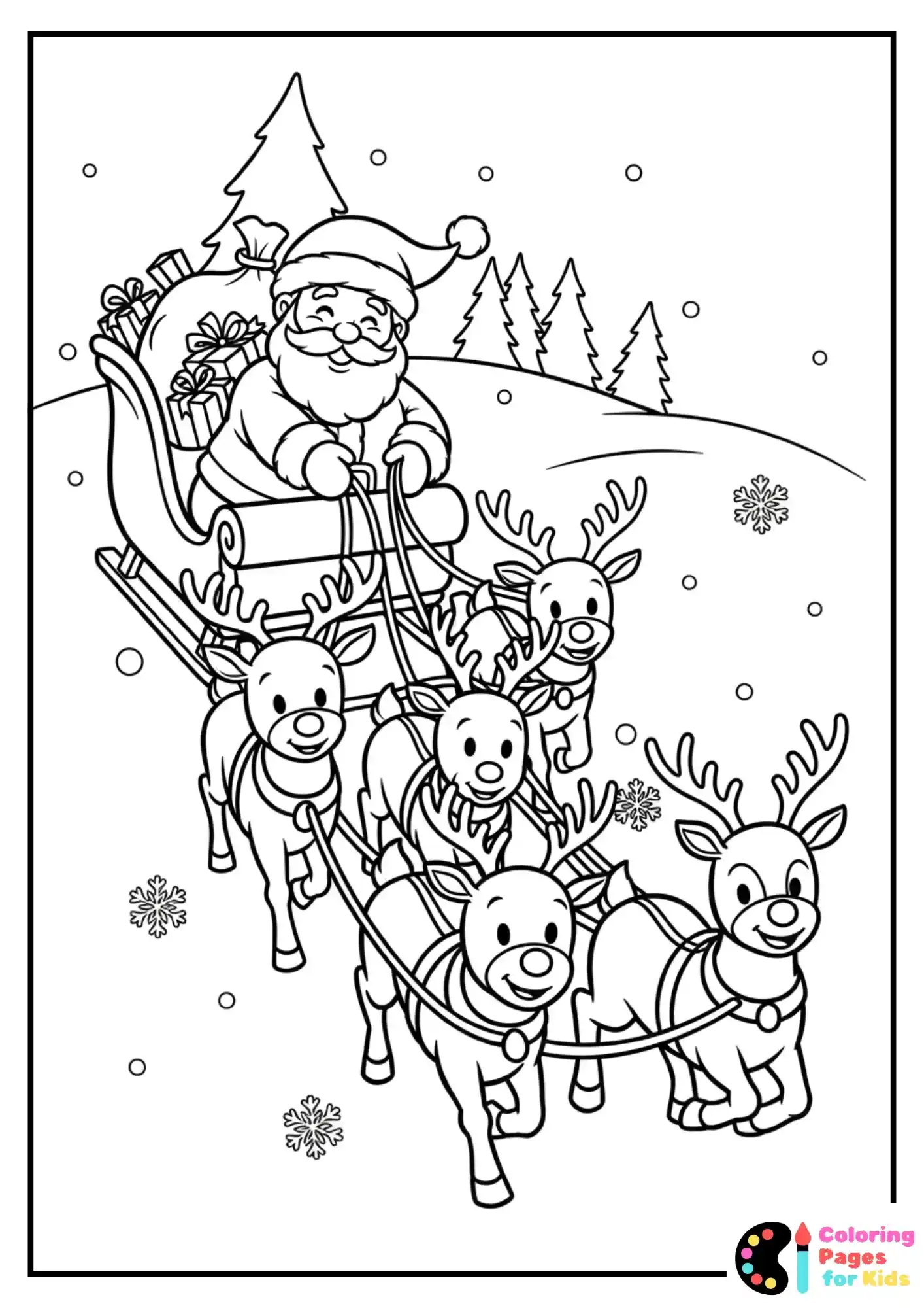 santa riding sleigh with reindeer