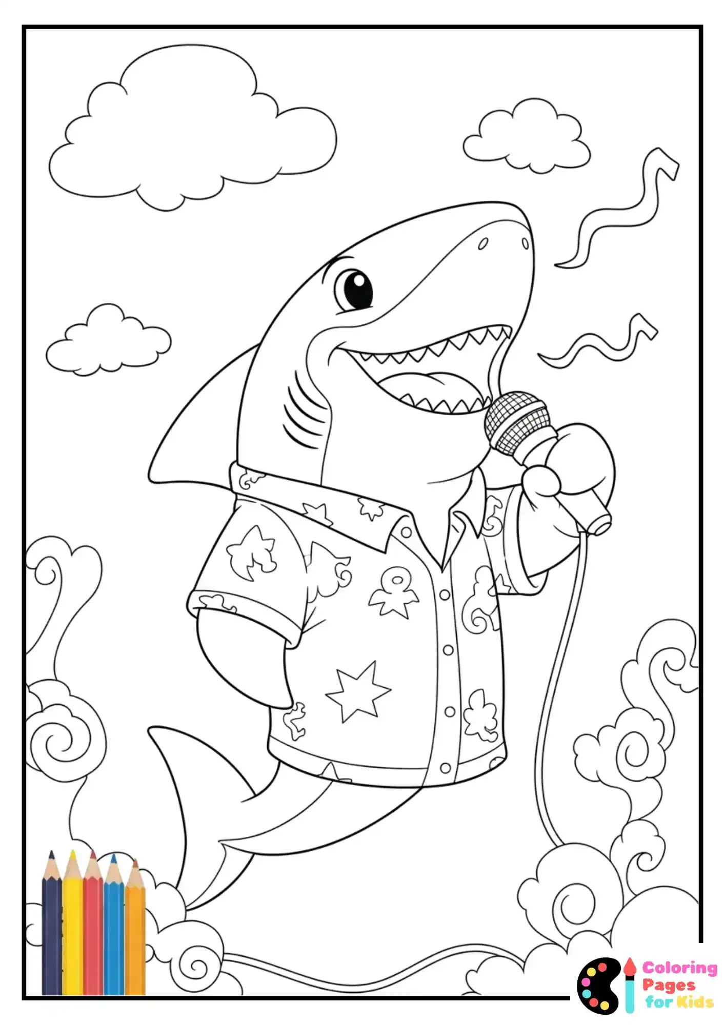 shark in shirt singing on microphone coloring page