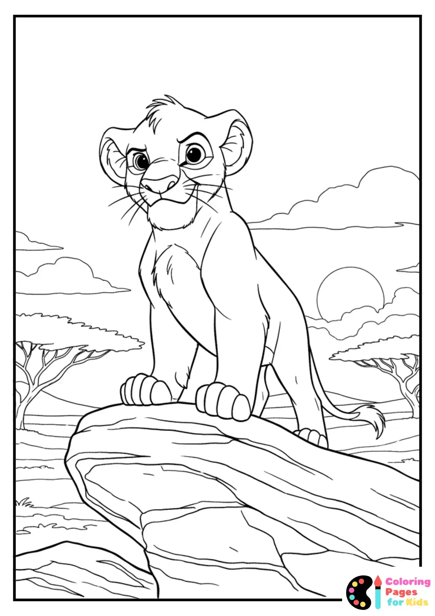 simba standing proud on rock coloring sheet