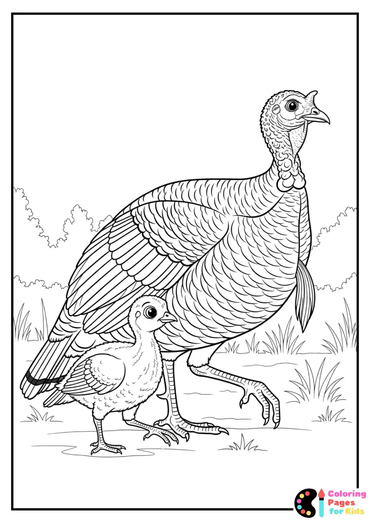 baby turkey walking with mom coloring page