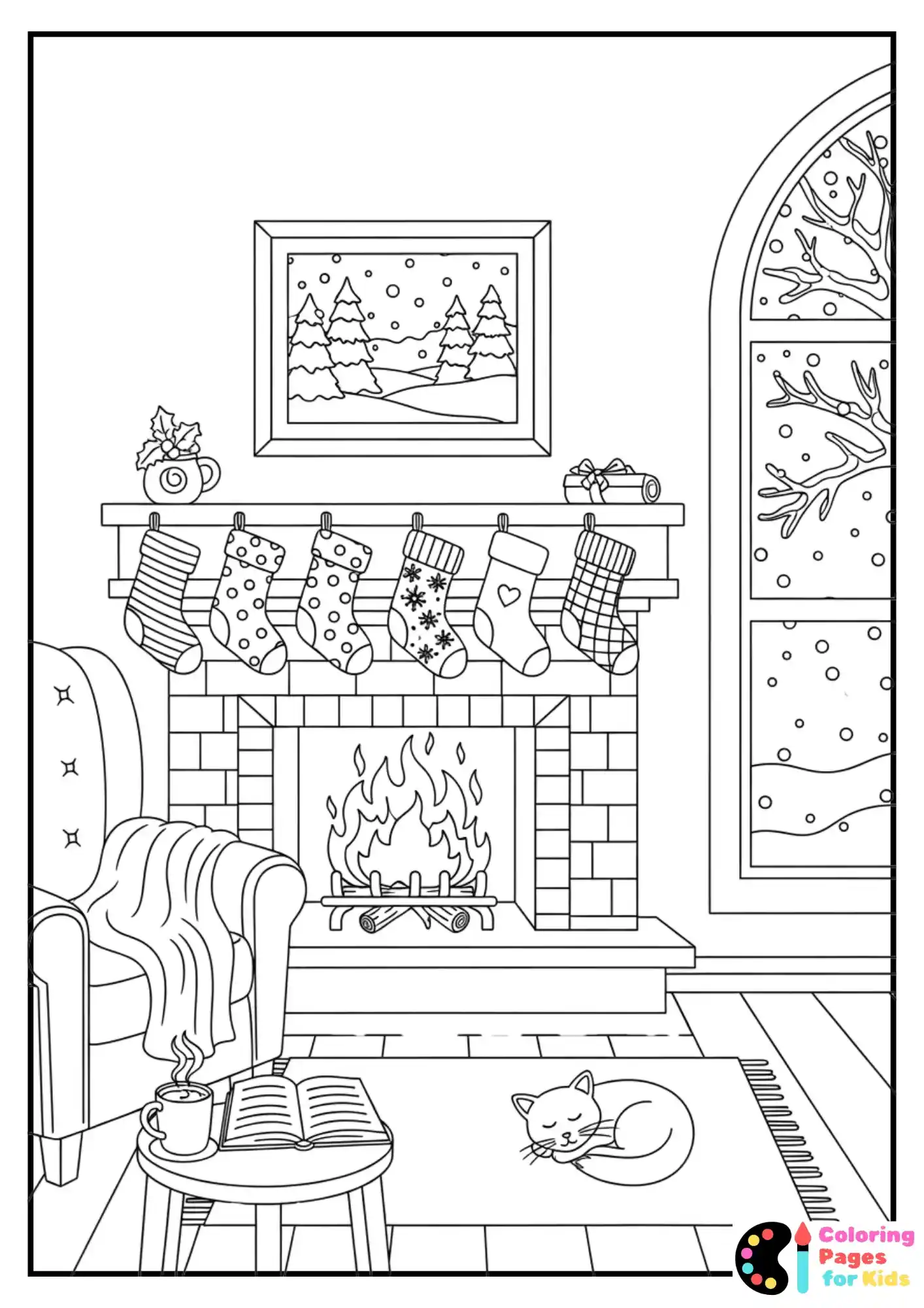 cozy fireplace winter coloring page