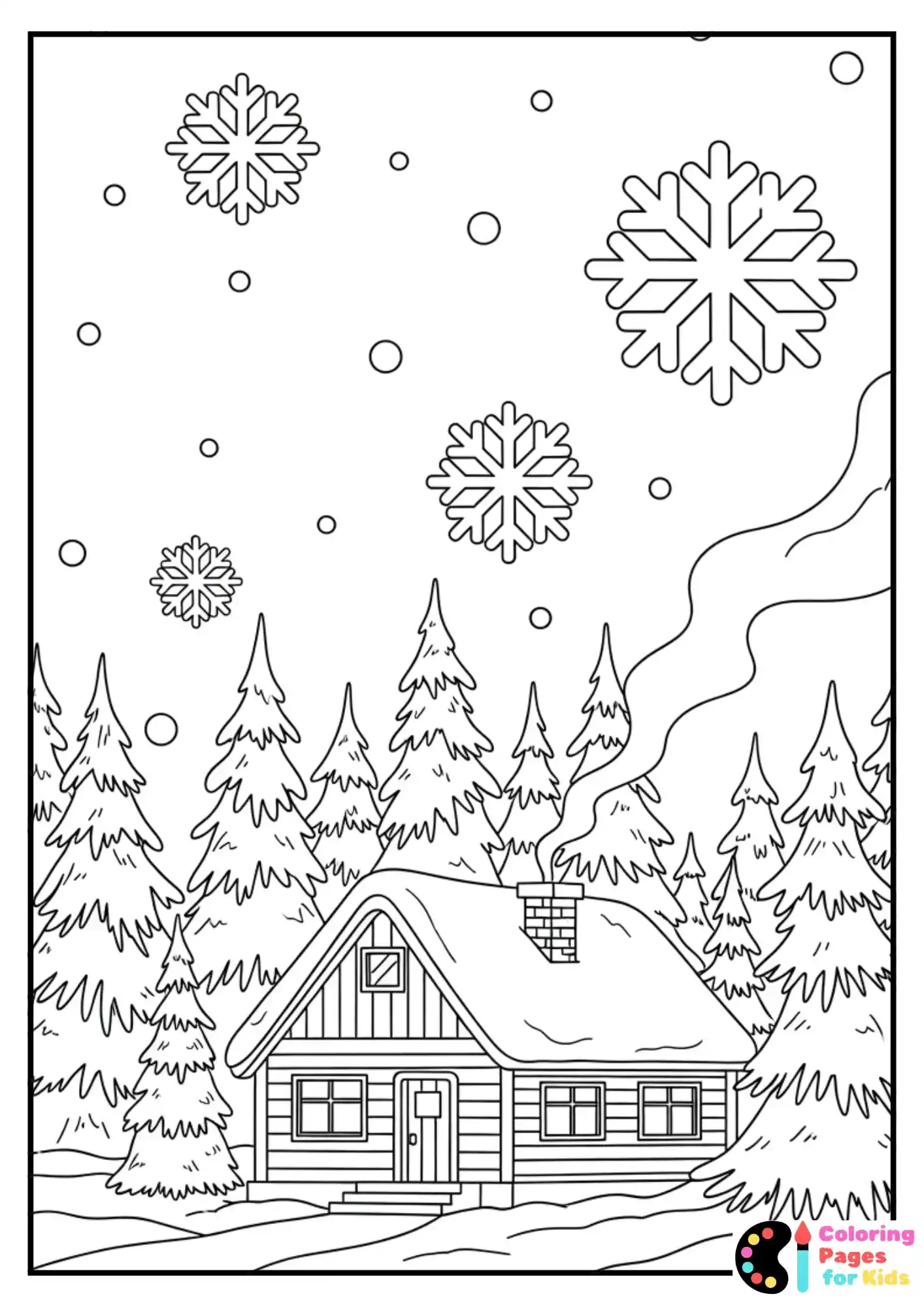cozy winter cabin coloring page