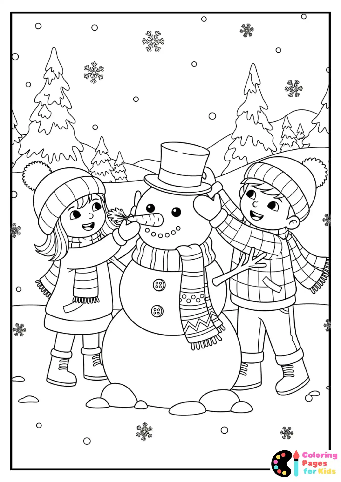 kids building snowman coloring sheet
