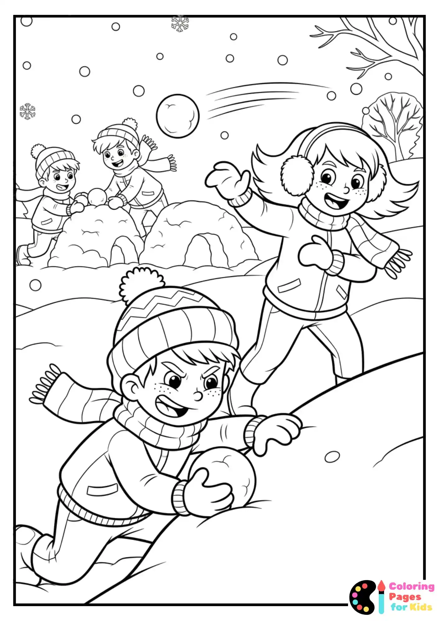 kids snowball fight coloring page