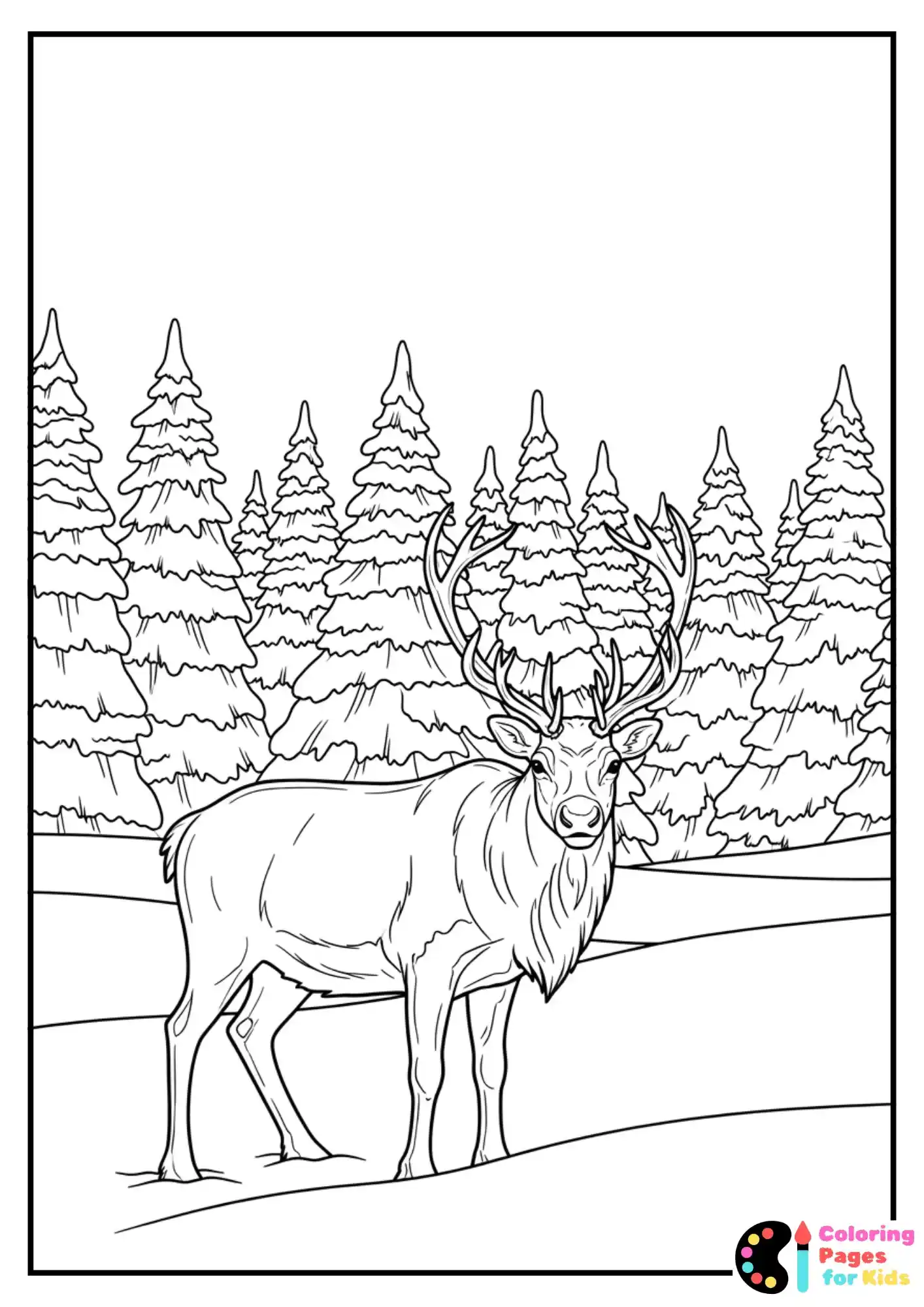 reindeer in snowy woods coloring sheet