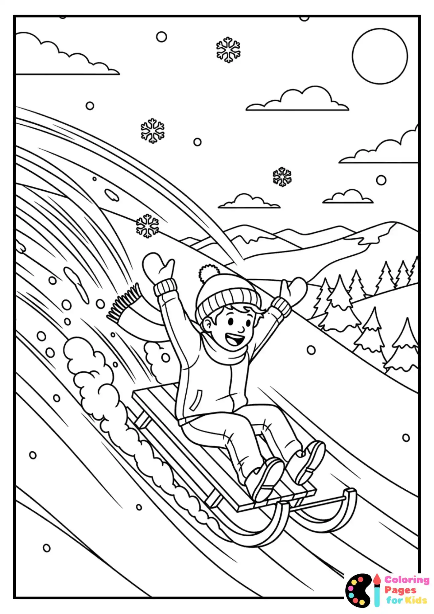 sledding down snowy hill coloring page