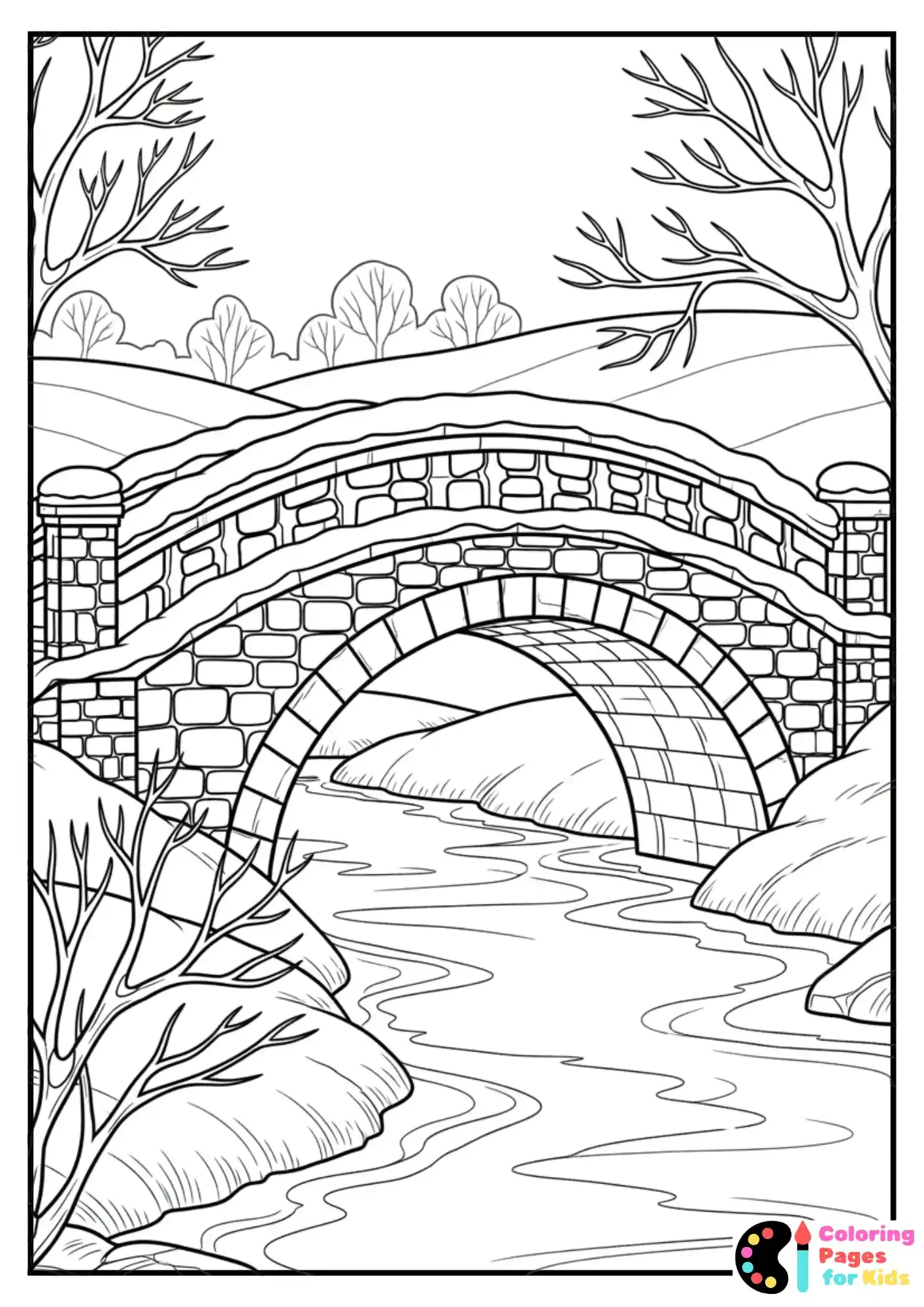 snowy bridge scene coloring page
