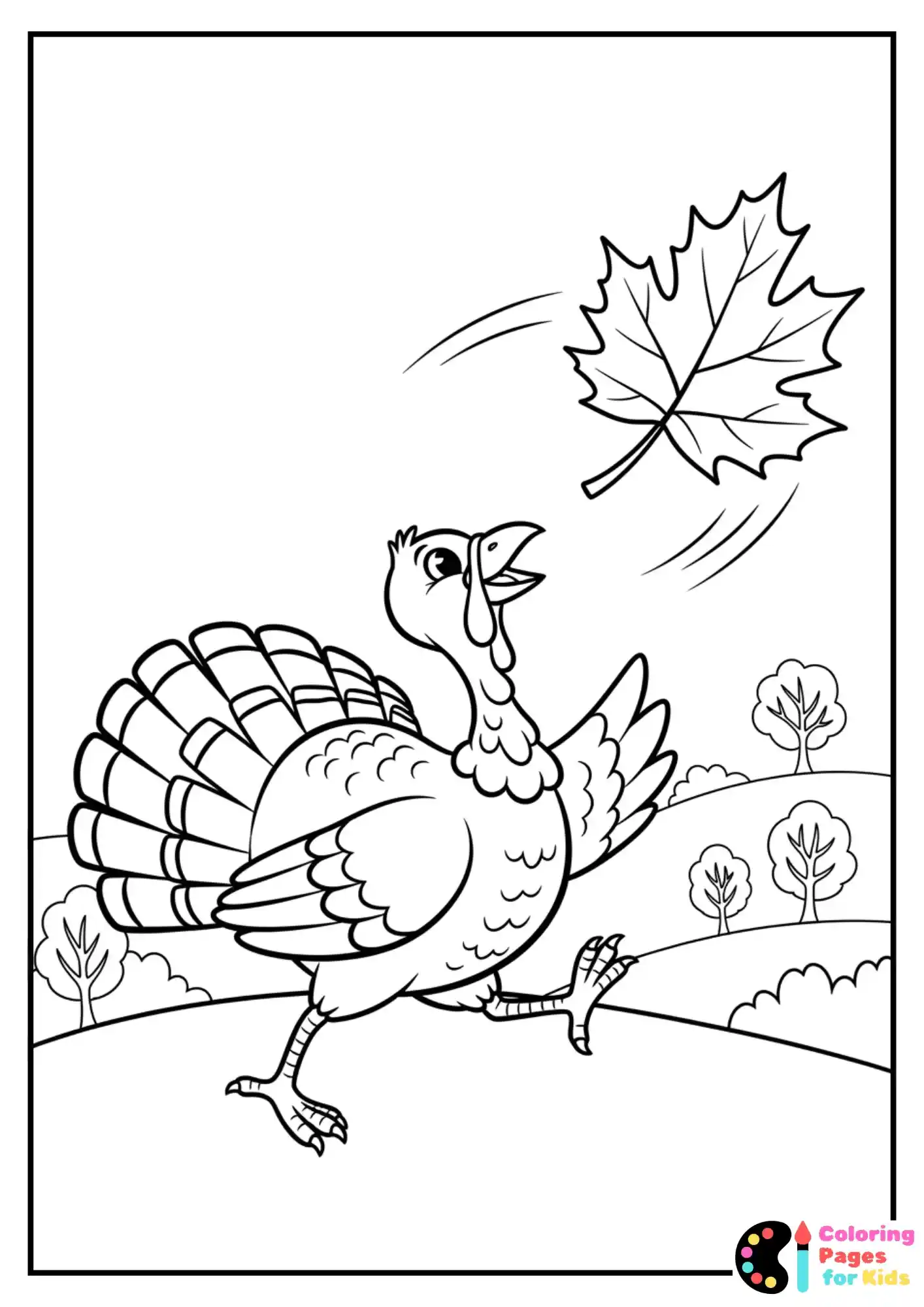 turkey chasing leaf coloring page