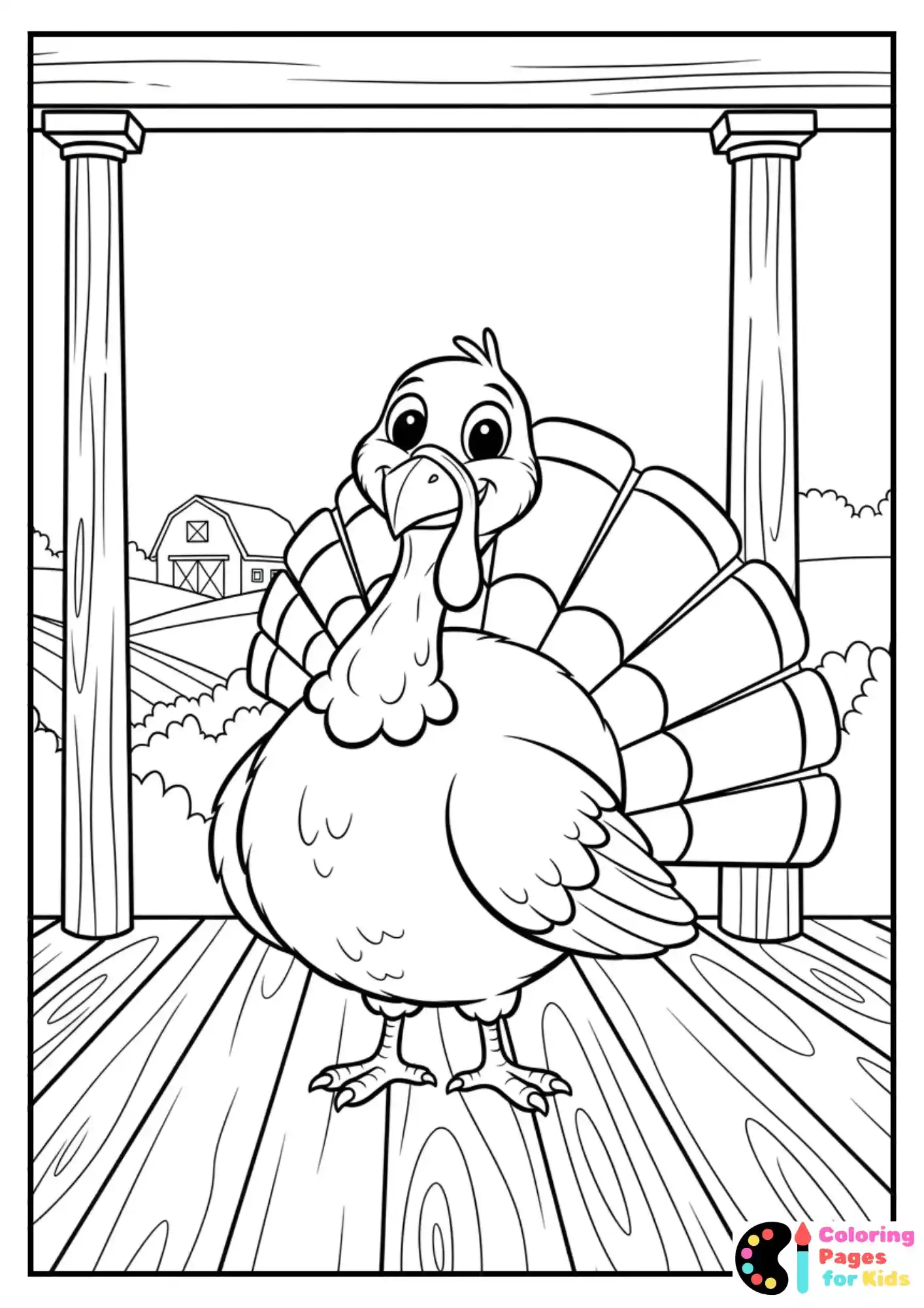 turkey on farmhouse porch coloring page