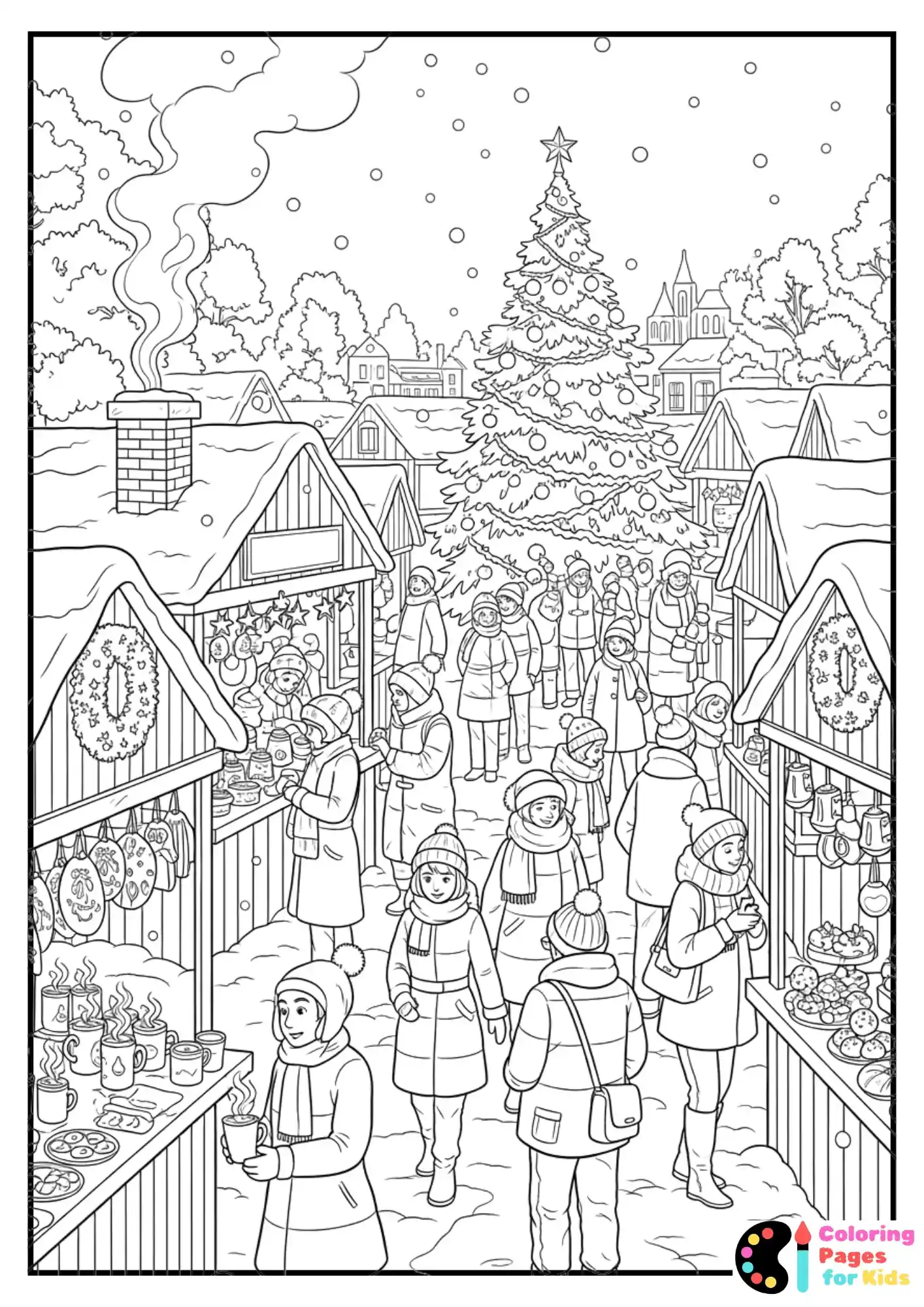winter market scene coloring sheet