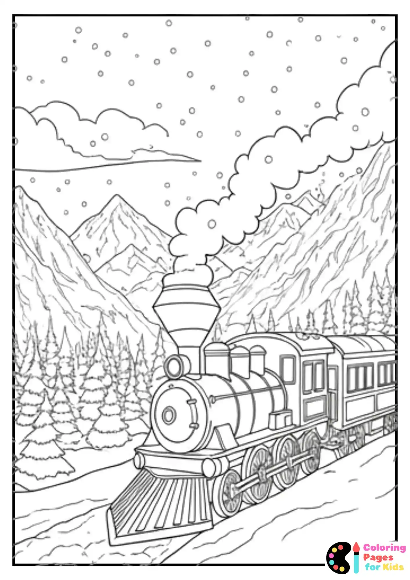 winter train in snow coloring sheet
