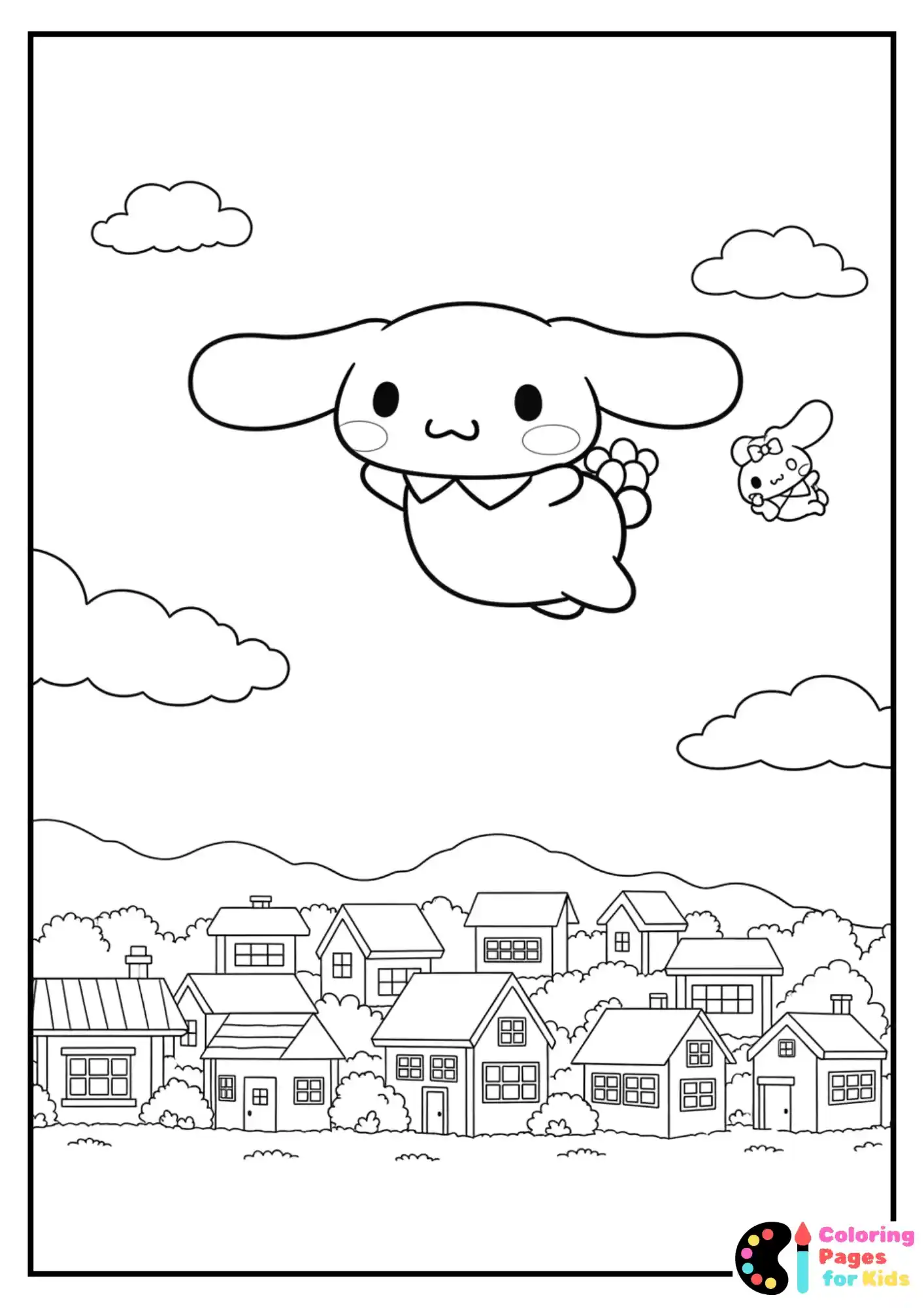 Sanrio Coloring Pages for Kids (Free PDF Printable) 29 cinnamoroll flying over town coloring page
