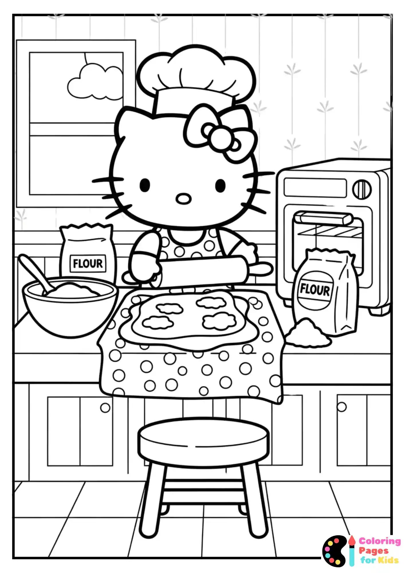 Sanrio Coloring Pages for Kids (Free PDF Printable) 26 hello kitty baking cookies coloring sheet