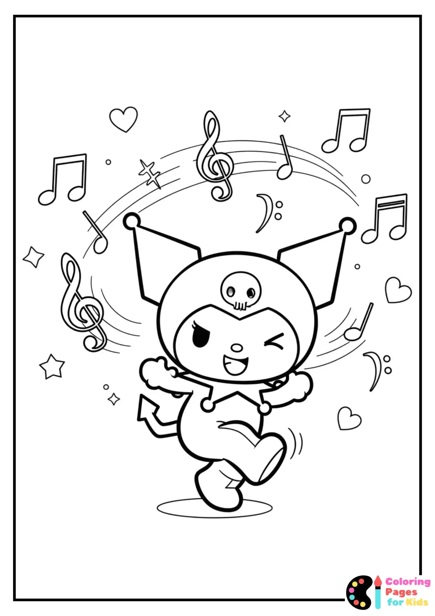 Sanrio Coloring Pages for Kids (Free PDF Printable) 19 kuromi dancing with music notes coloring sheet