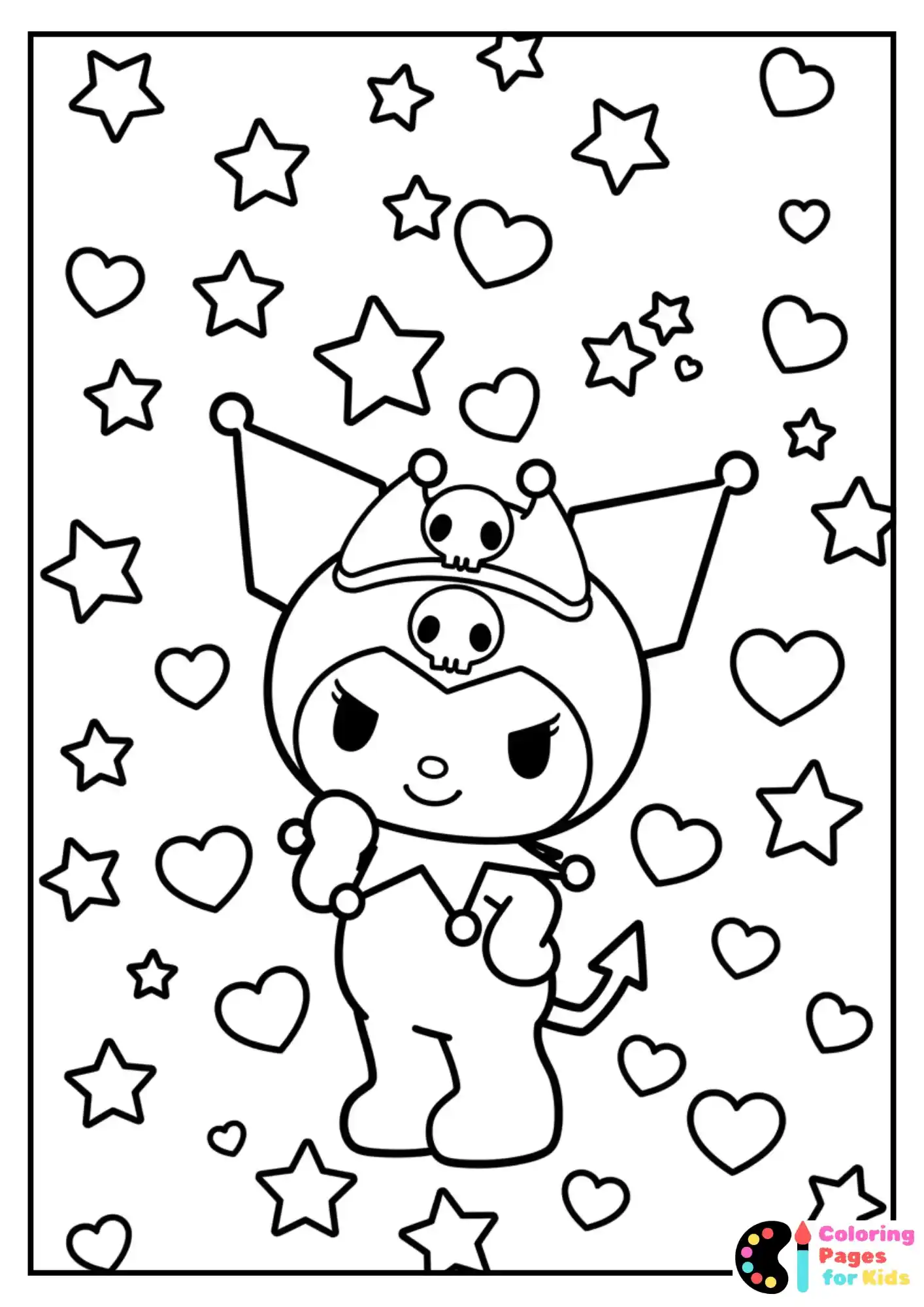 Sanrio Coloring Pages for Kids (Free PDF Printable) 15 kuromi with stars and hearts coloring page