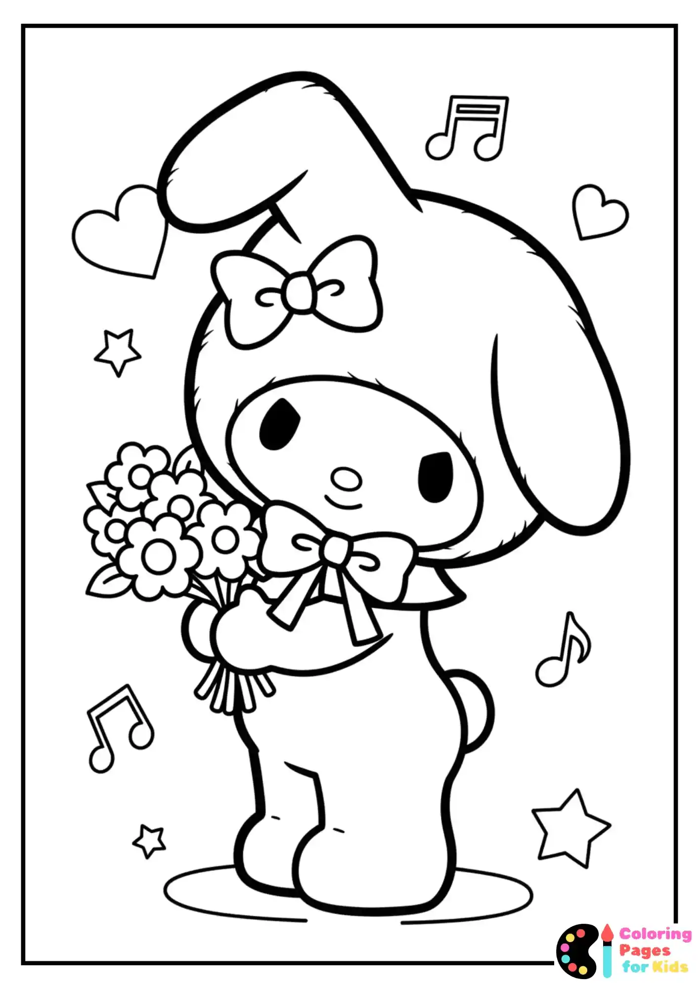 Sanrio Coloring Pages for Kids (Free PDF Printable) 10 my melody holding flowers coloring page
