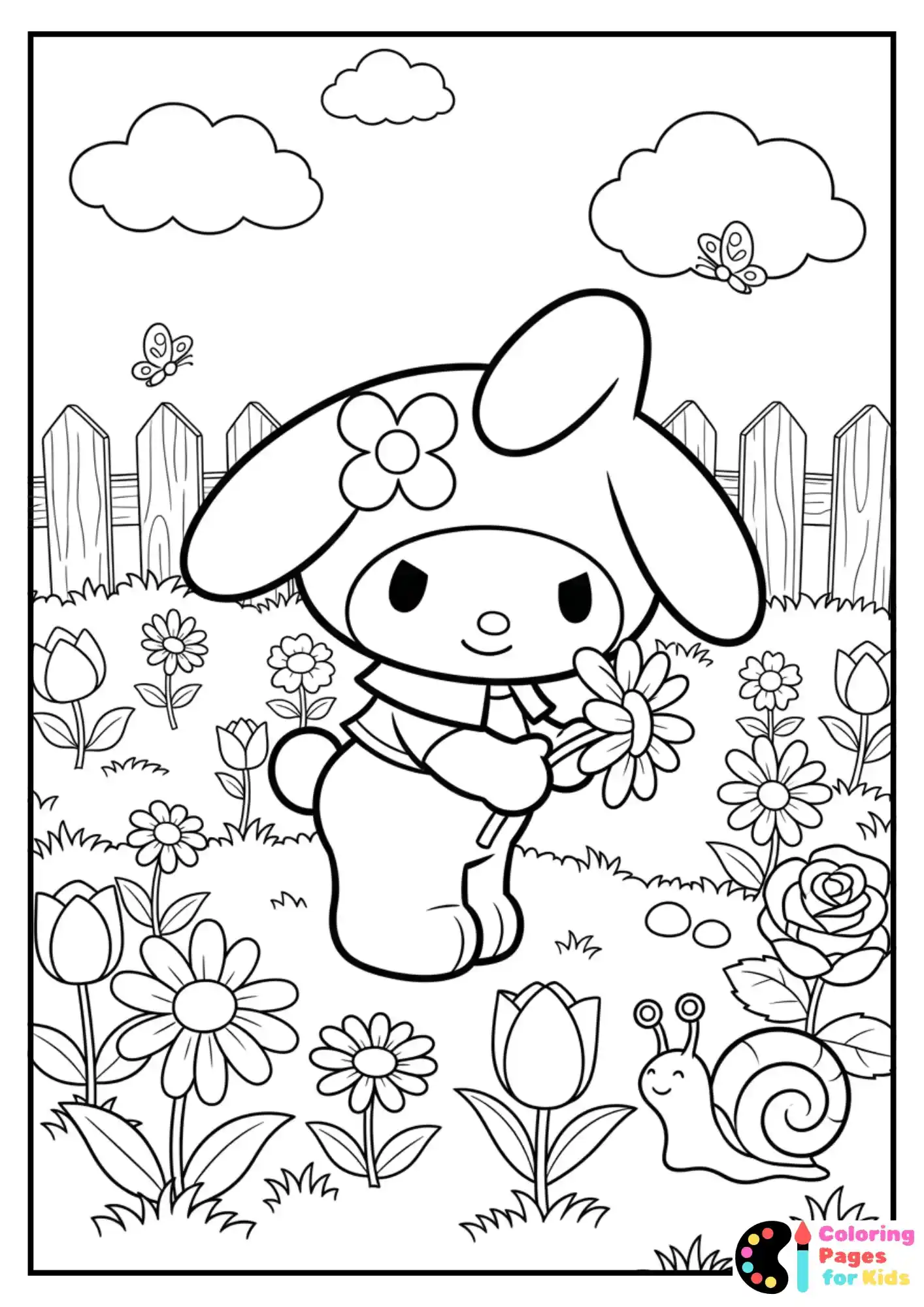 Sanrio Coloring Pages for Kids (Free PDF Printable) 9 my melody in flower garden coloring sheet