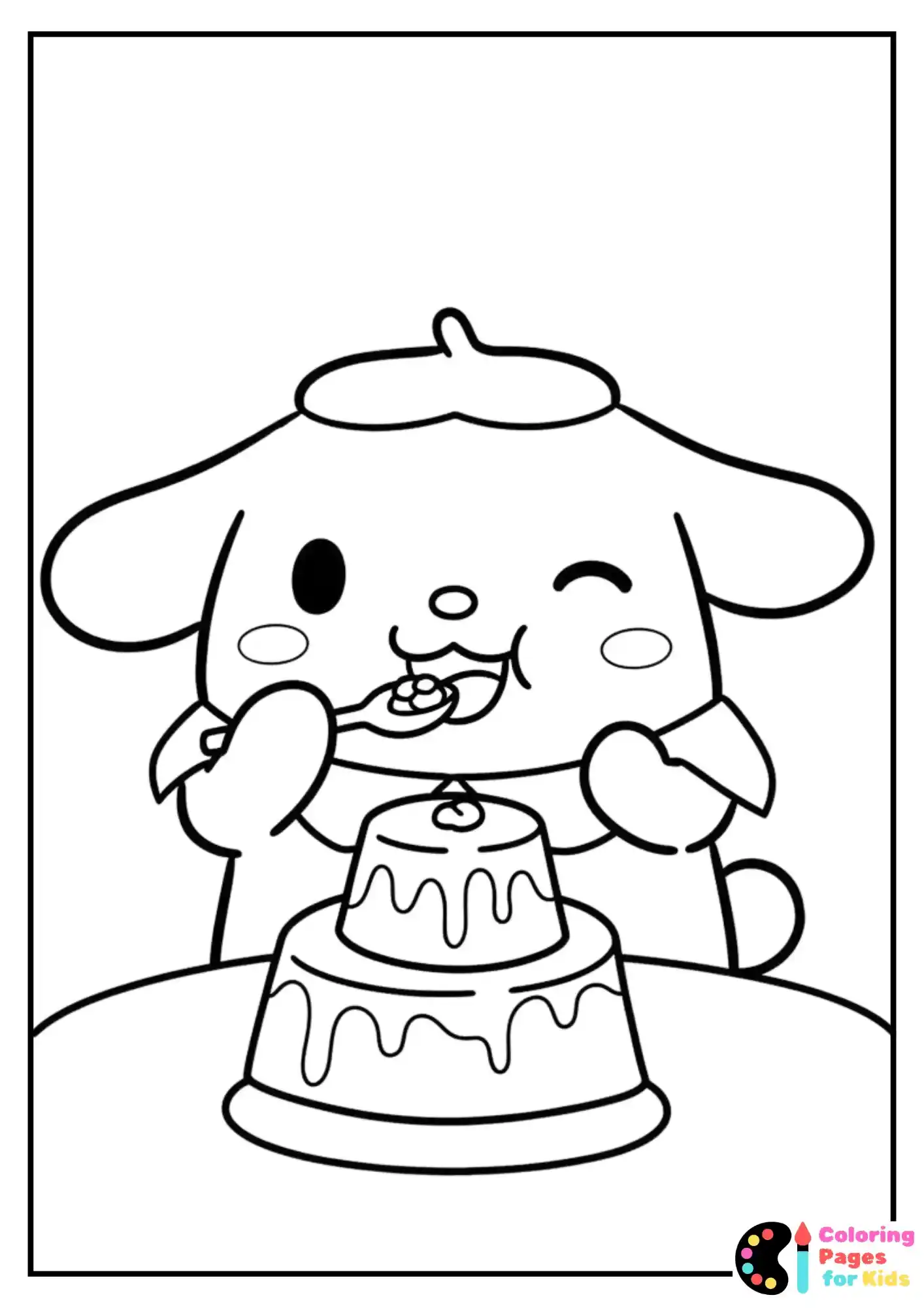 Sanrio Coloring Pages for Kids (Free PDF Printable) 5 pompompurin eating pudding coloring sheet